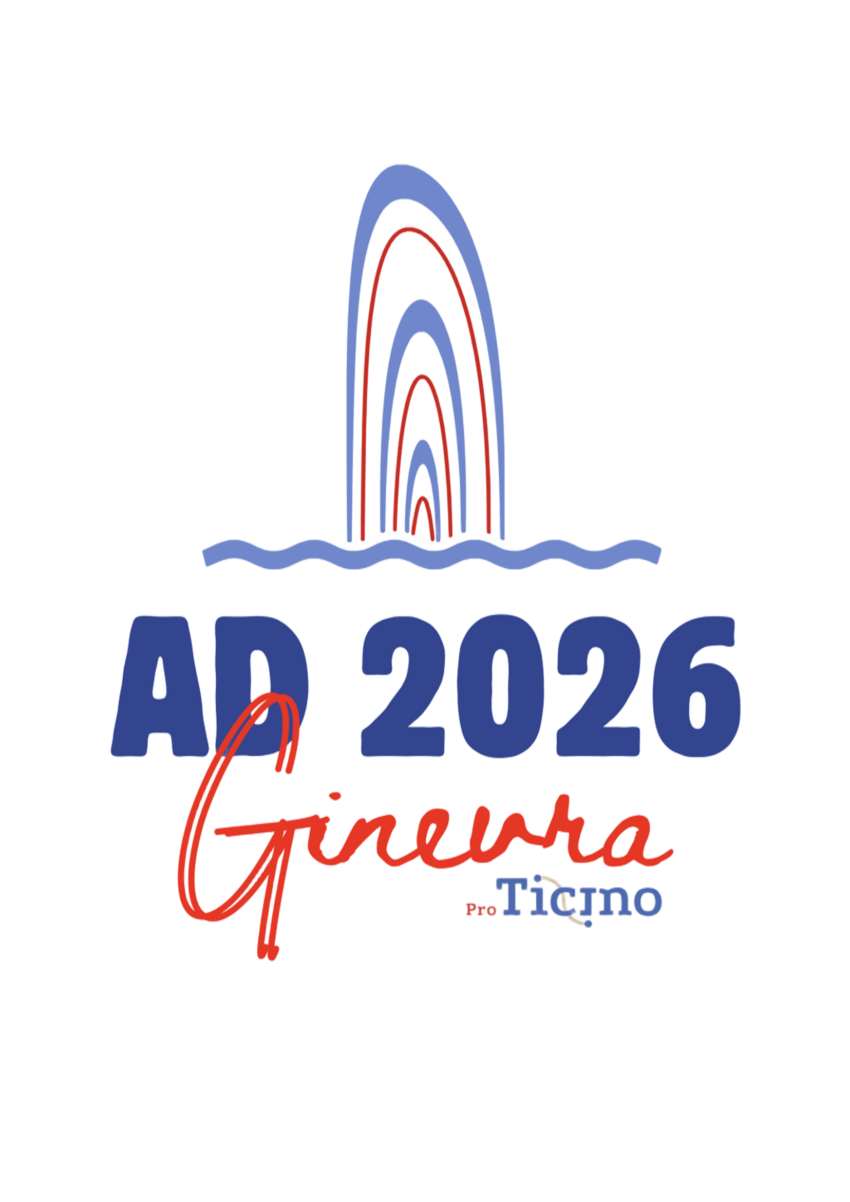 AD 2026 Ginevra: logo commemorativo Pro Ticino con Jet d’Eau stilizzato